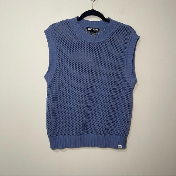 DKNY Women’s Skyway Blue Open Knit Sleeveless preppy Sweater Vest in Size XL - Picture 2 of 8
